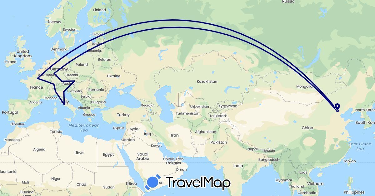 TravelMap itinerary: driving in Austria, Switzerland, China, Germany, France, Italy (Asia, Europe)